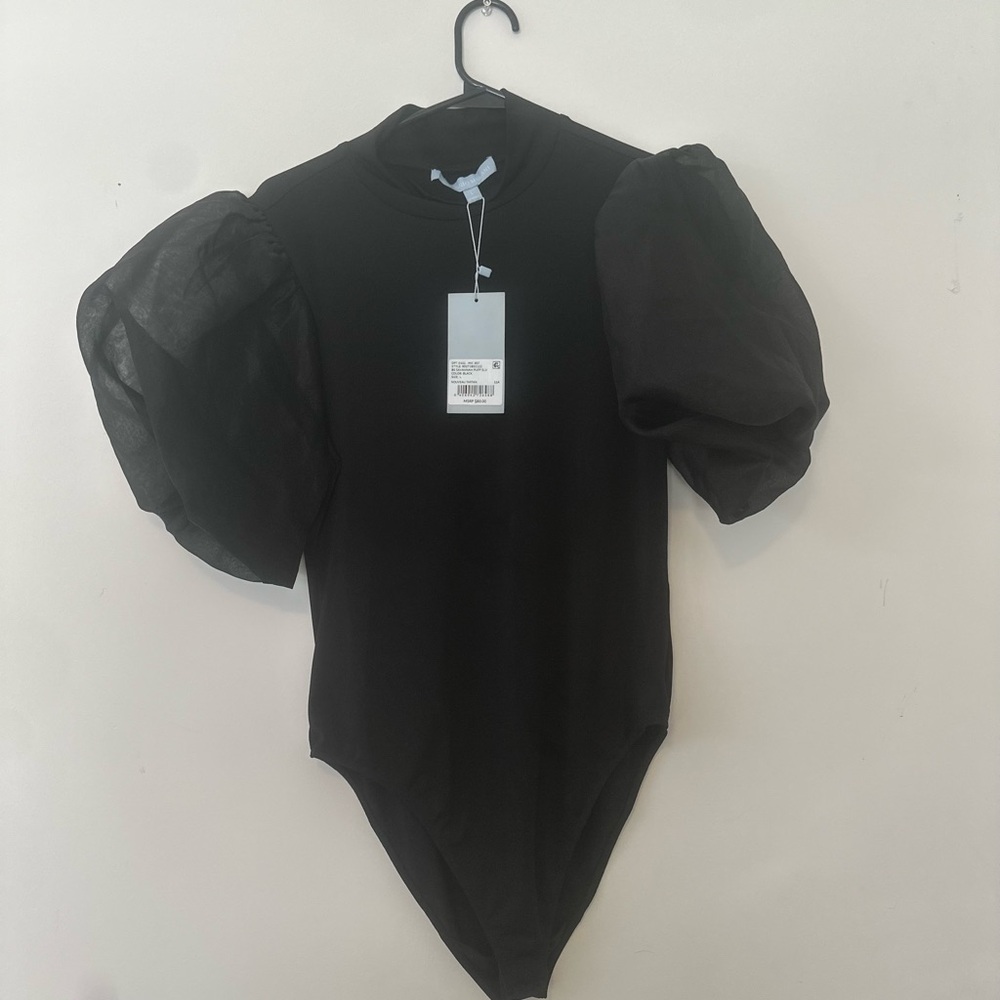 ANTONIO MELANI Black Puff Sleeve Savannah Matte Jersey Mock Neck Bodysuit